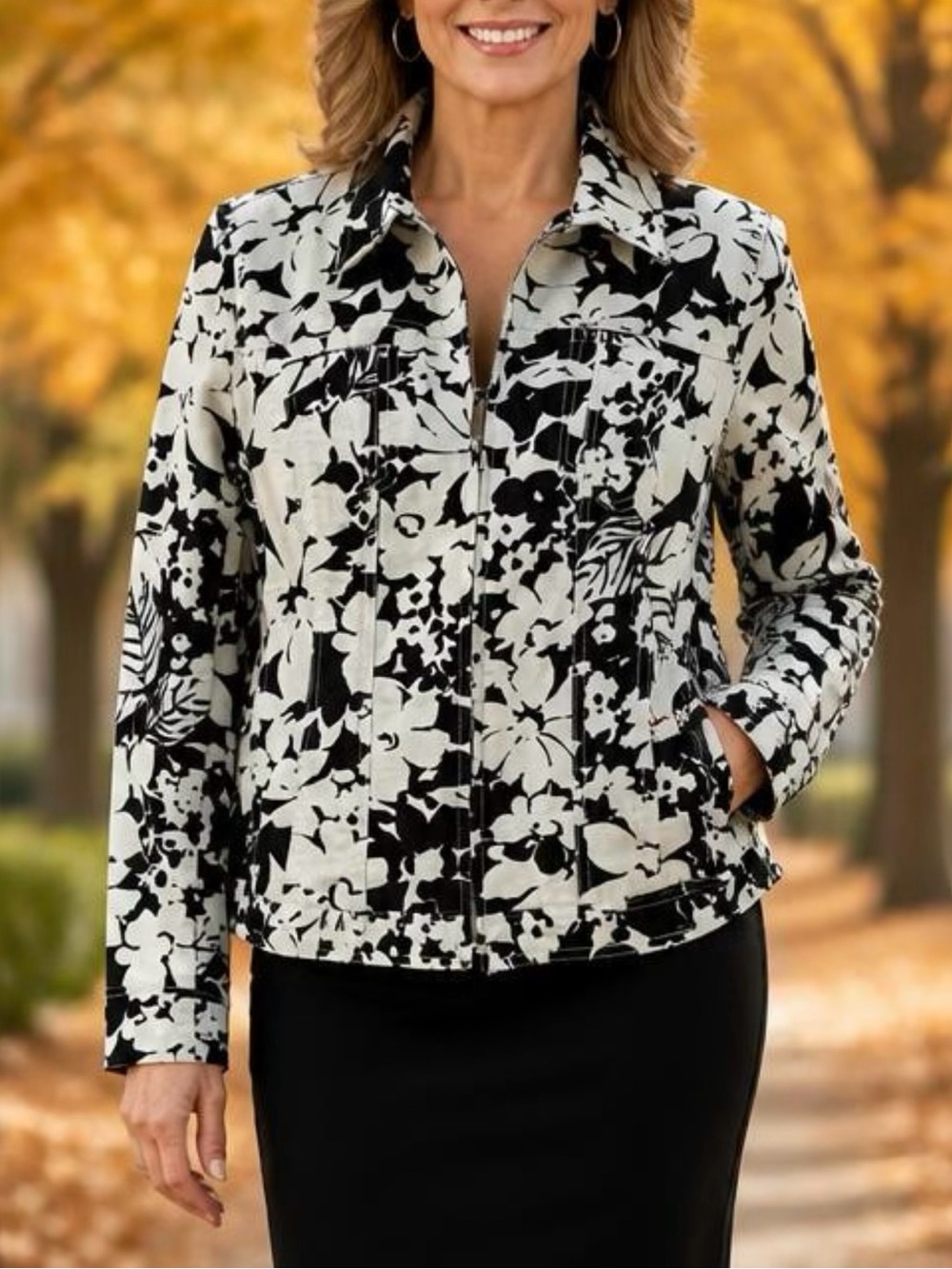 Jones New York Black & White Floral Zip Jacket